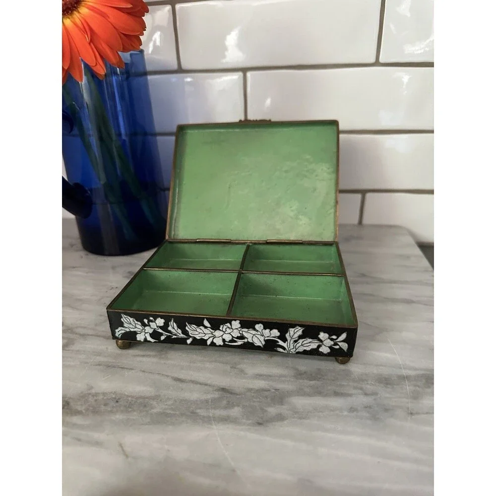 Early 20th Century Chinese Floral Cloisonné Cloisonne Black Box Brass Enamel